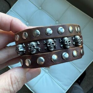 Brown Leather Skull Studded Bracelet